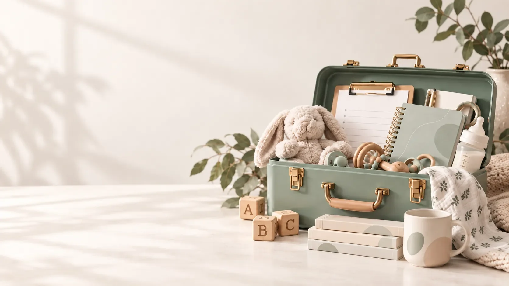 Open mint-green baby health and care kit with stuffed bunny, baby toys, blocks, notebook, baby bottle, mug, and blankets, with leafy plant in background.