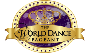 Logo for The World Dance Pageant featuring a gold crown, purple background, and a gold banner with the event name.