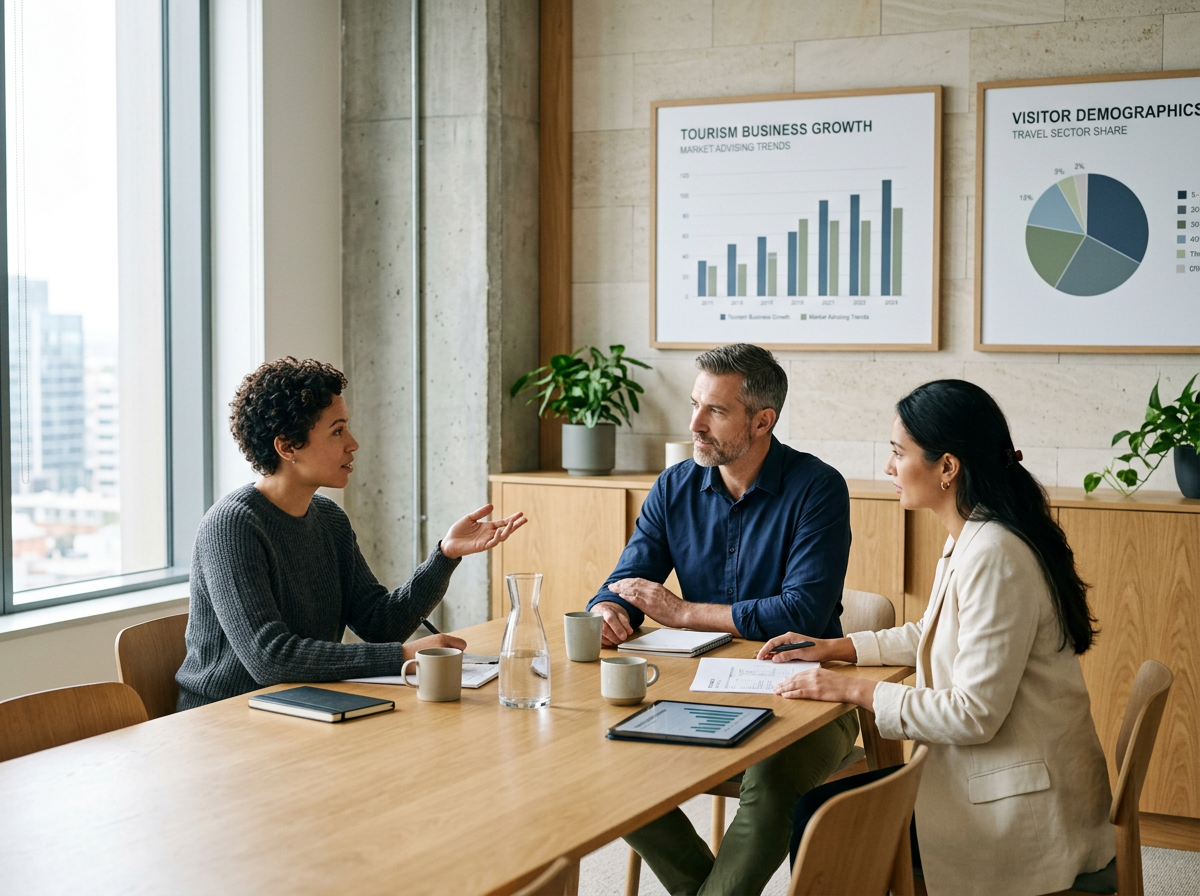 Three people engaged in a discussion about tourism support in a modern office conference room with charts on the wall.