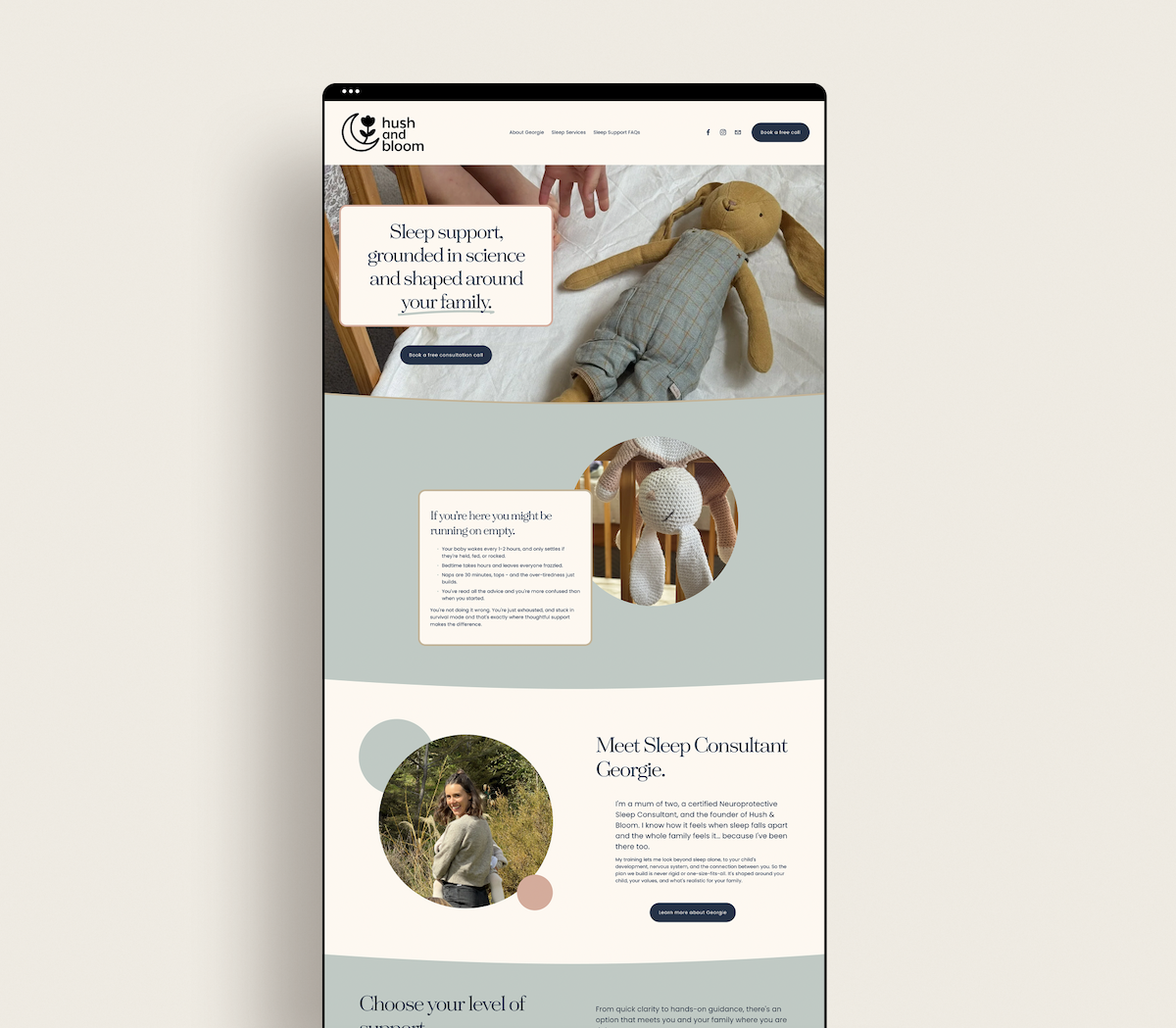 Hush and Bloom by Georgie. A sleep consultant's website designed by Kindred by Courtney