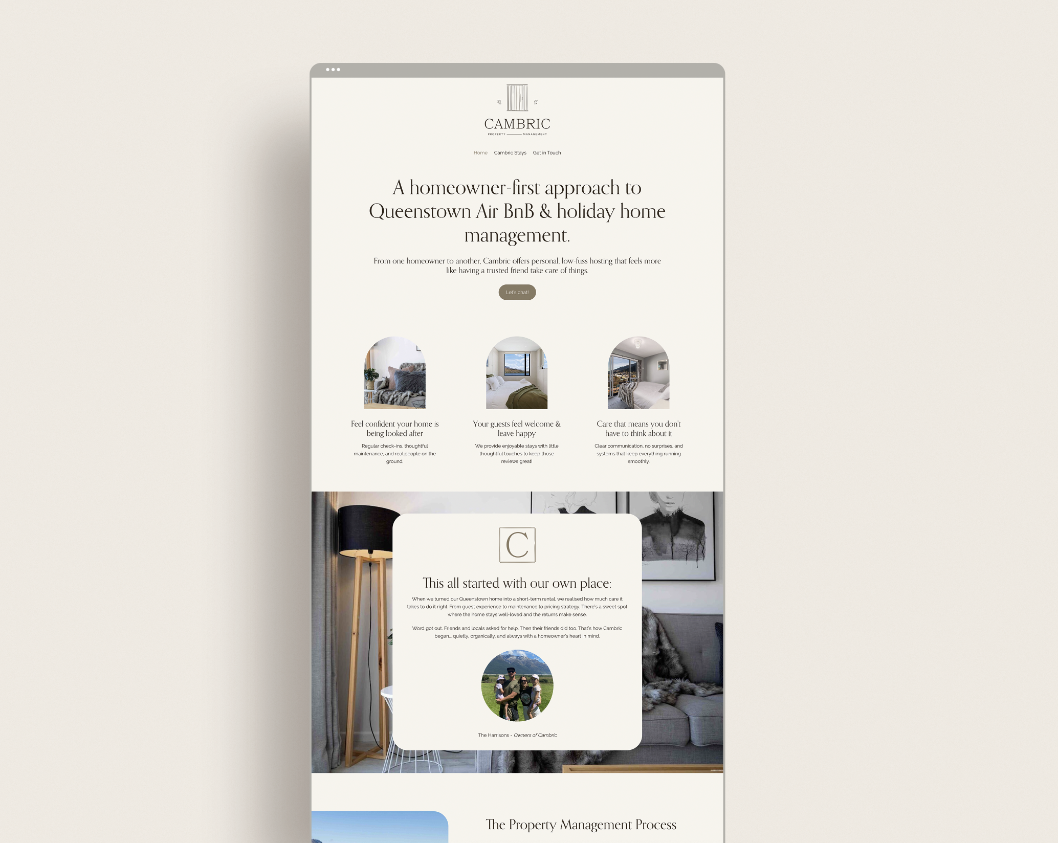 Cambric, a Queenstown holiday home management company's website designed by Kindred by Courtney.