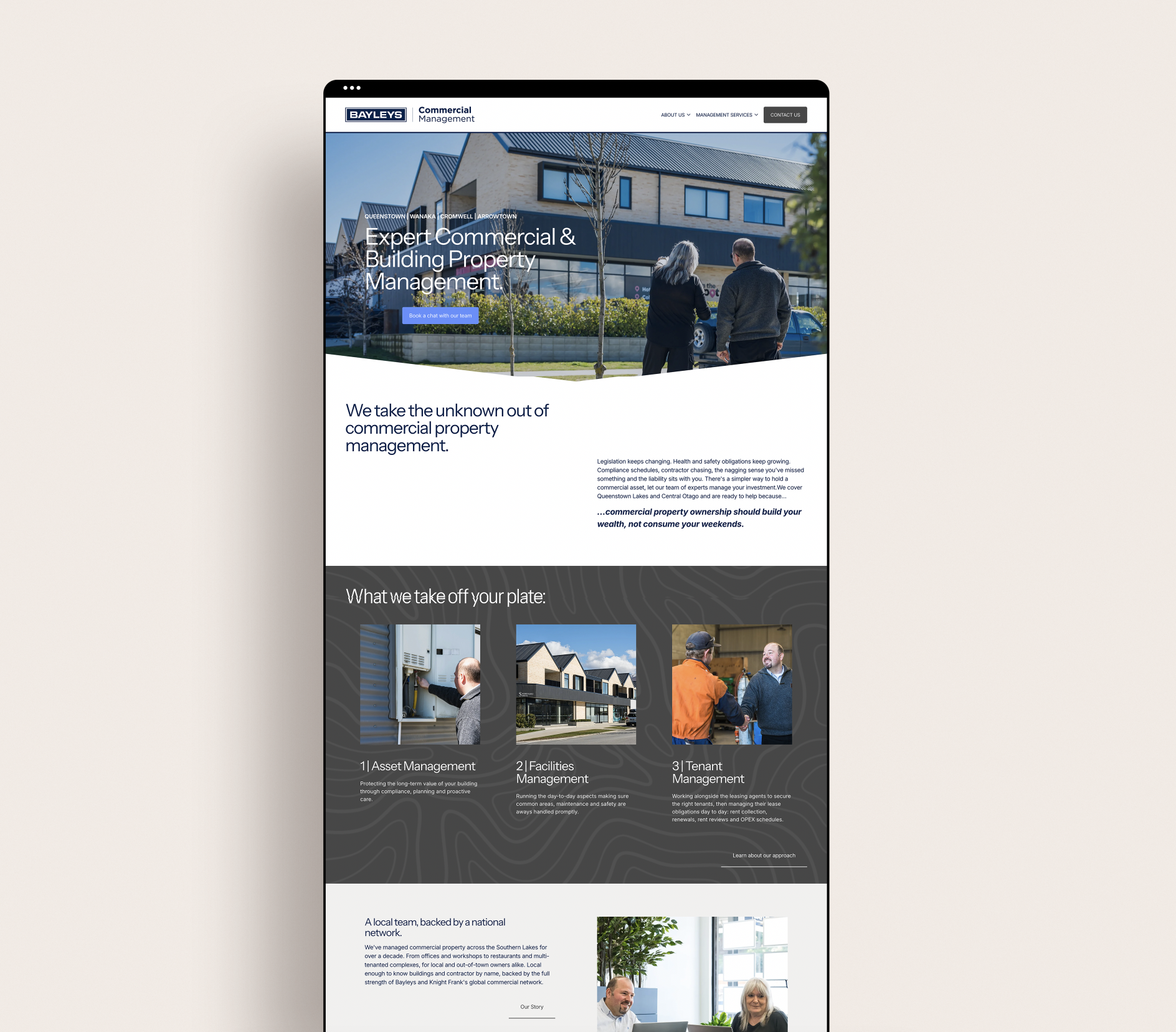 Bayley's Commercial Property Management, a Queenstown business' website designed by Kindred by Courtney.