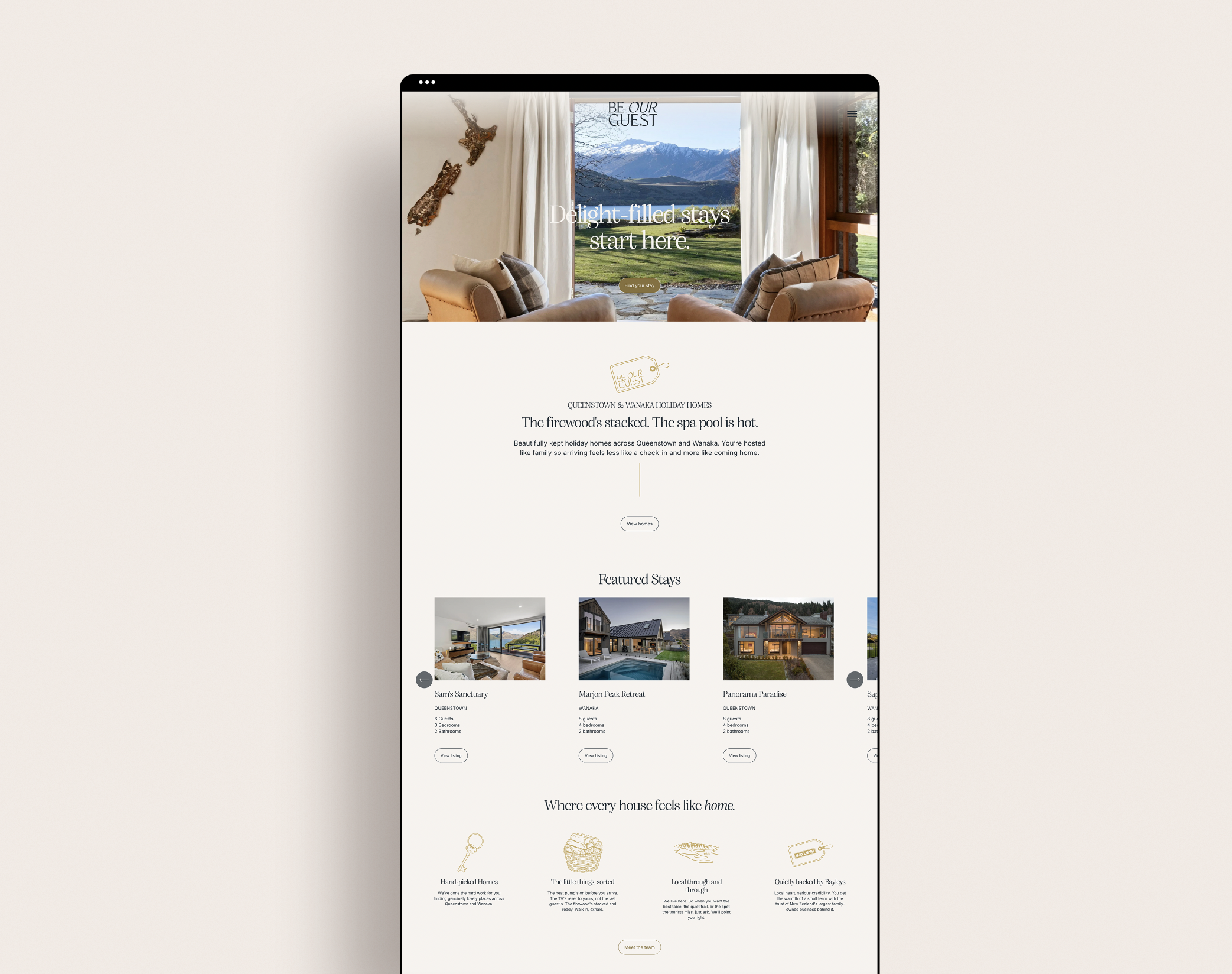 Be Our Guest by Bayleys, a Queenstown Holiday Home property management company's website designed by Kindred by Courtney.