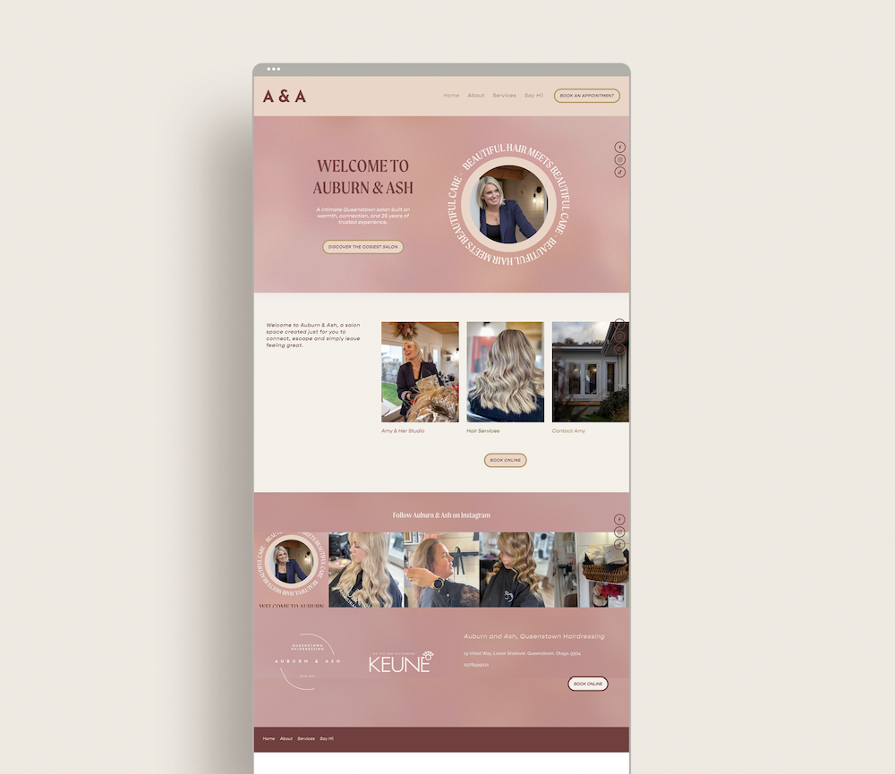 Auburn and Ash, a Queenstown hair salon's website designed by Kindred by Courtney.