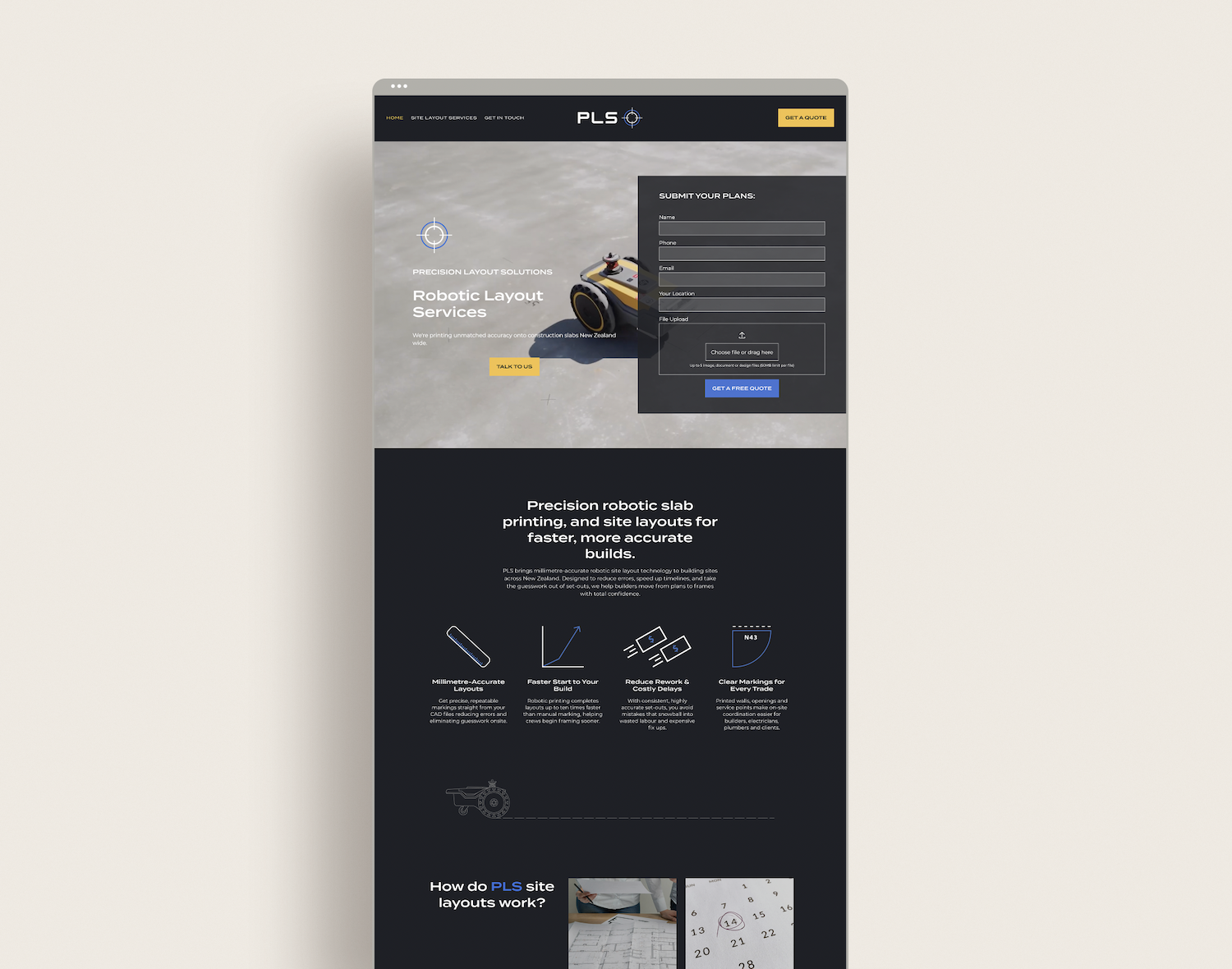 Precision Layout Solutions, a Queenstown robotic site printing business' website designed by Kindred by Courtney.