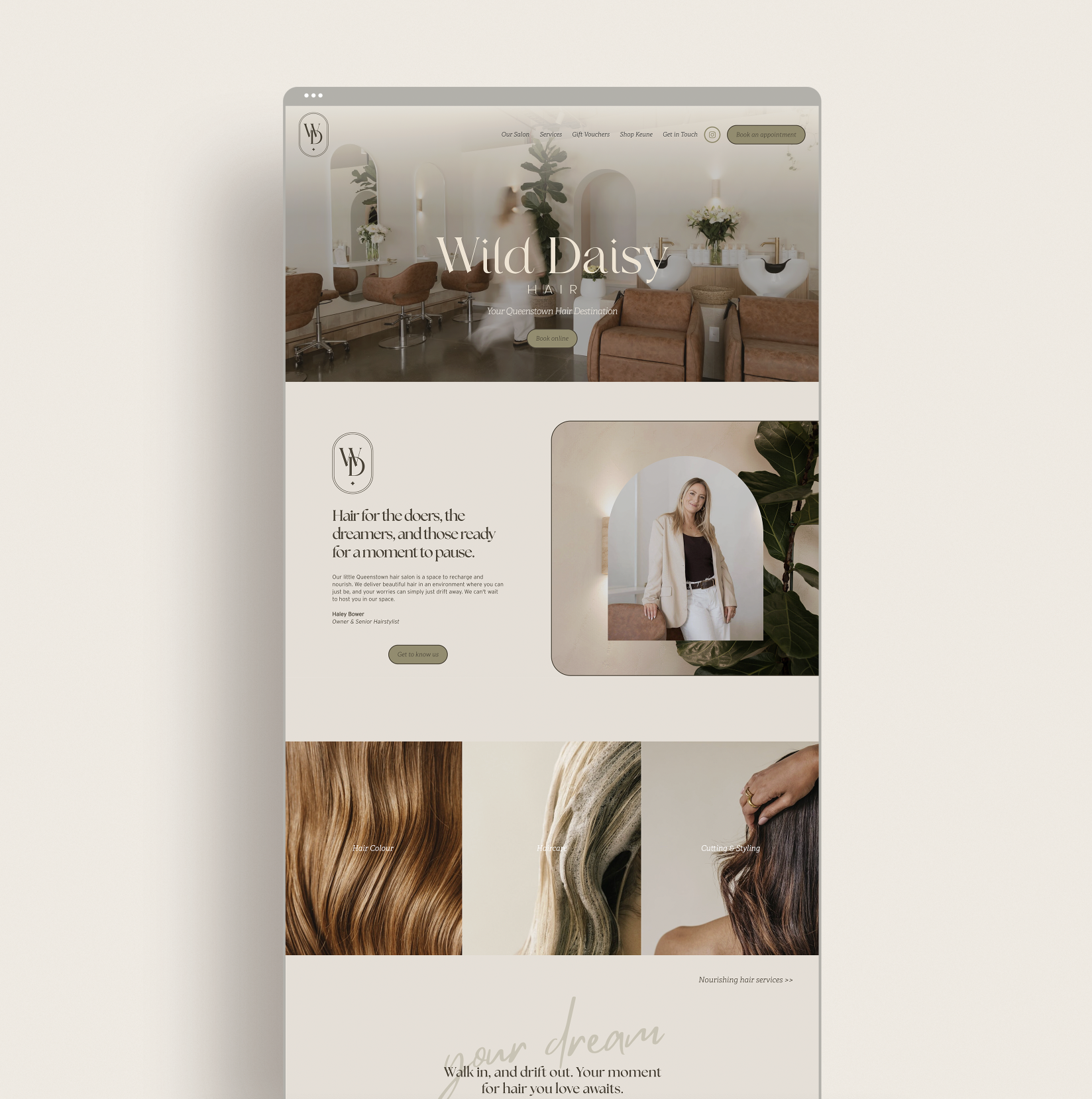 Wild Daisy Hair, a Queenstown hair salon's website designed by Kindred by Courtney.