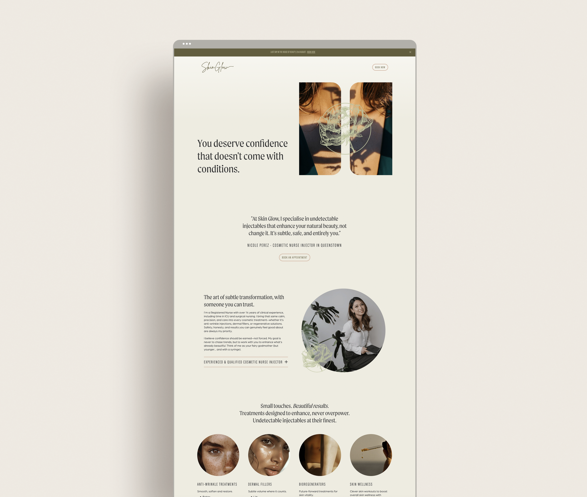 Skin Glow by Nicole Perez a Queenstown Cosmetic Injector's website designed by Kindred by Courtney.