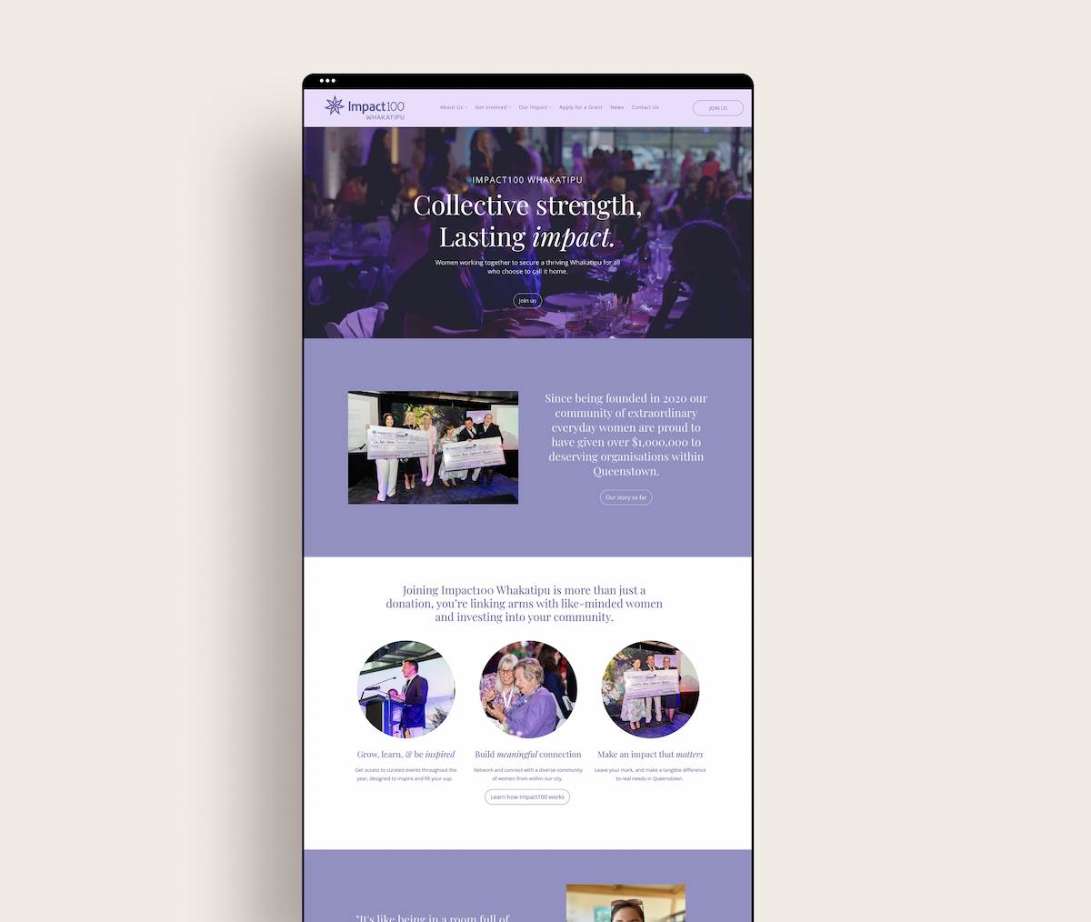 Impact100 Whakatipu, a Queenstown charitable organisation's website designed by Kindred by Courtney.
