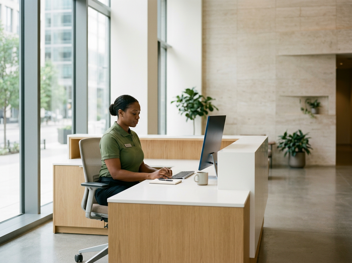 A woman in a green shirt working at a reception desk in a modern office building with large glass windows and potted plants in the background.