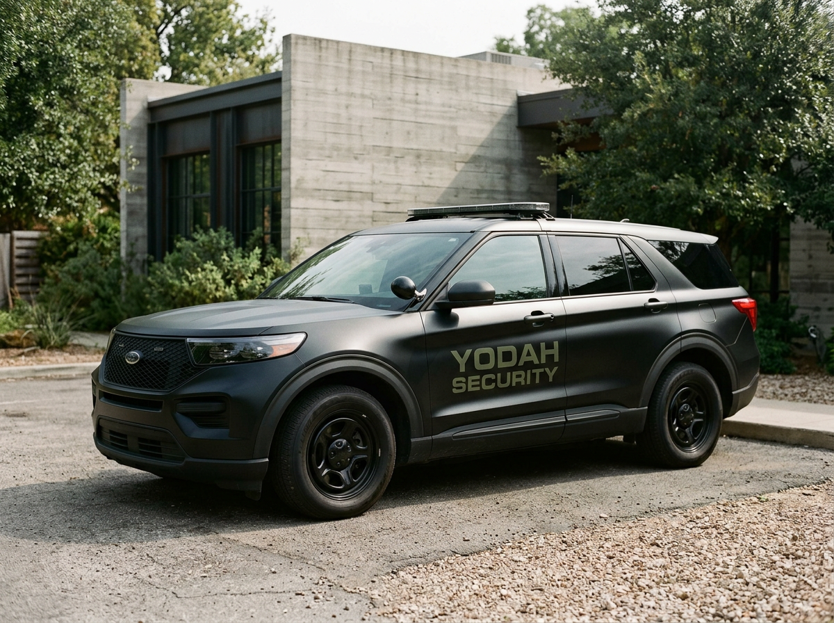 Black Yodah Security SUV with black rims parked on a gravel surface in front of a modern building with concrete walls and large windows, surrounded by trees and greenery.