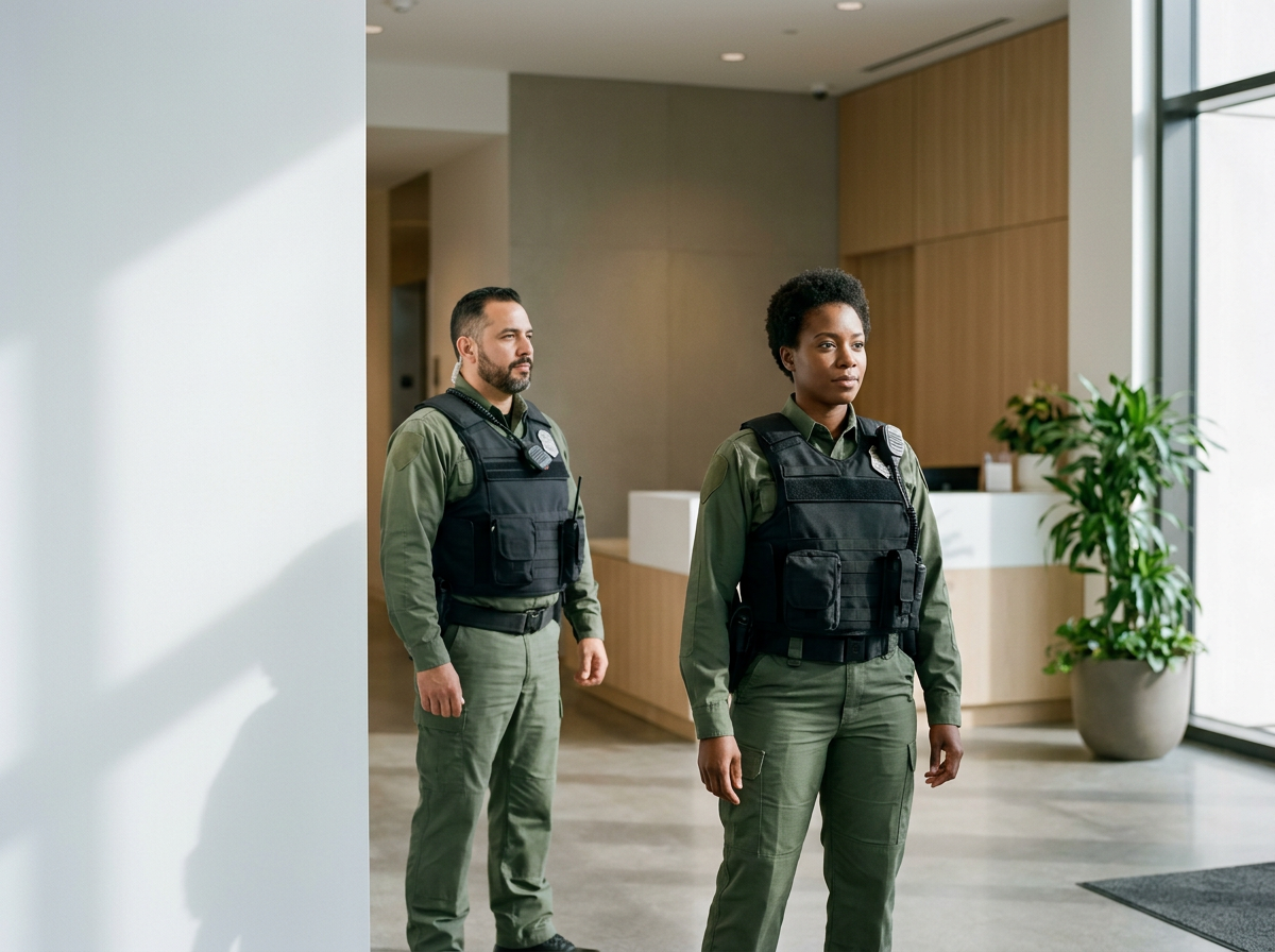 Two police officers, a man and a woman, standing inside a modern building with natural light, a large potted plant, and a reception area in the background.