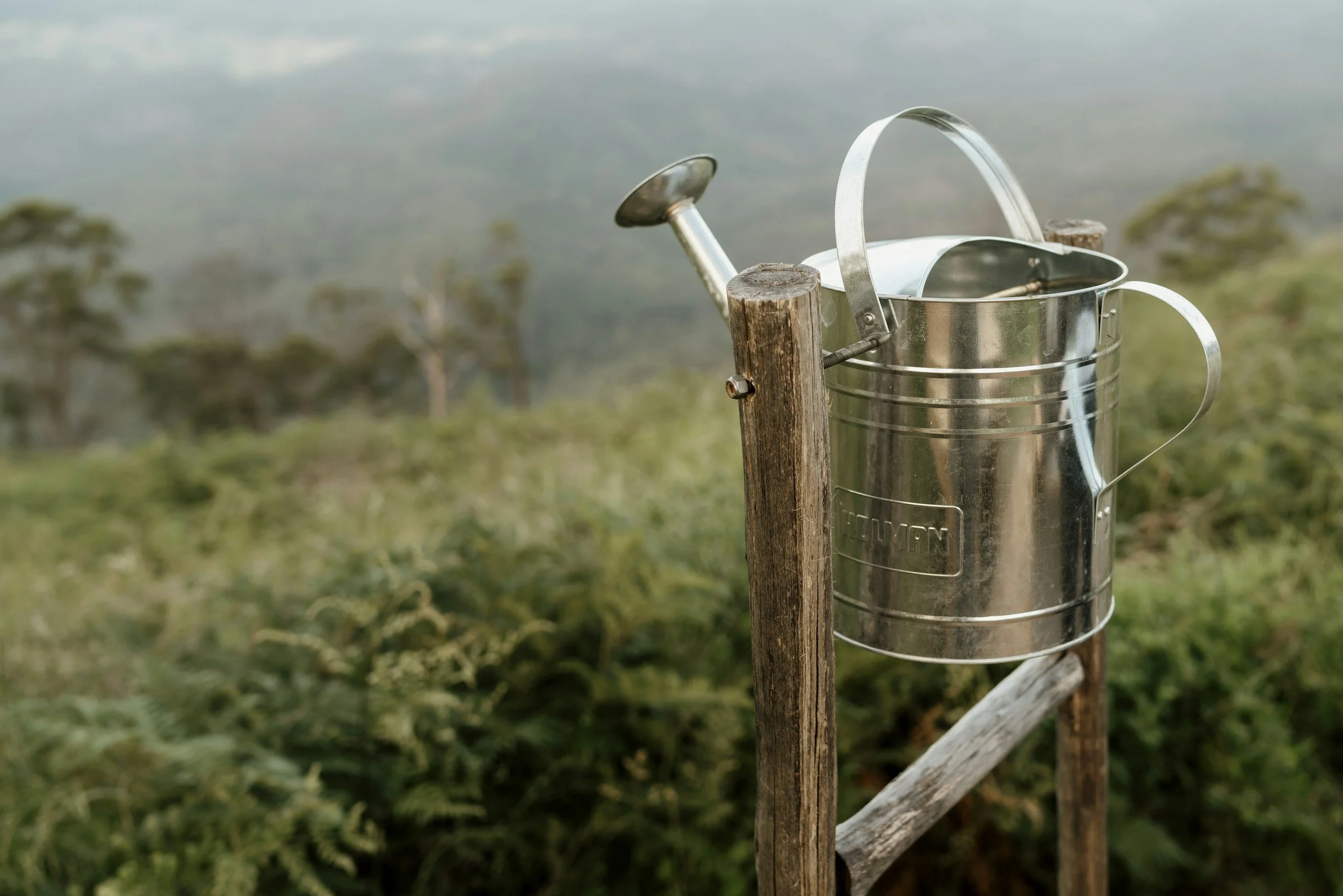 A metal watering can resting on a wooden post in a natural outdoor setting with greenery and trees in the background.