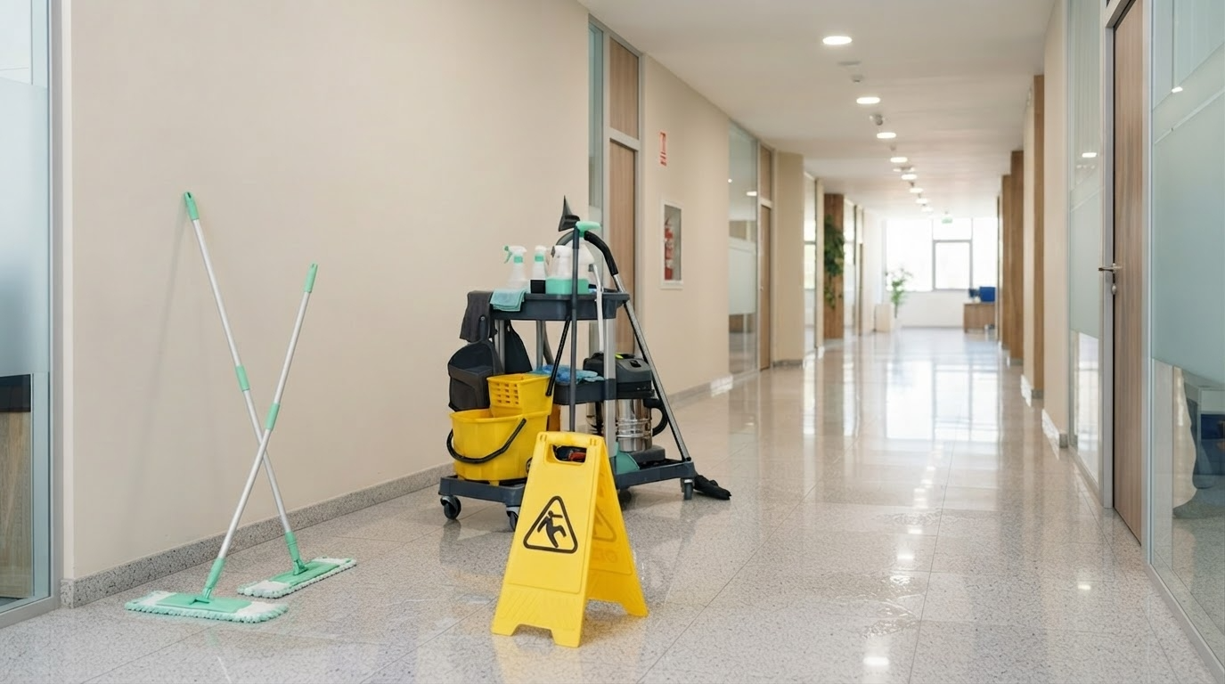Cleaning cart, mops, and a yellow caution sign in a bright commercial hallway in Ottawa.