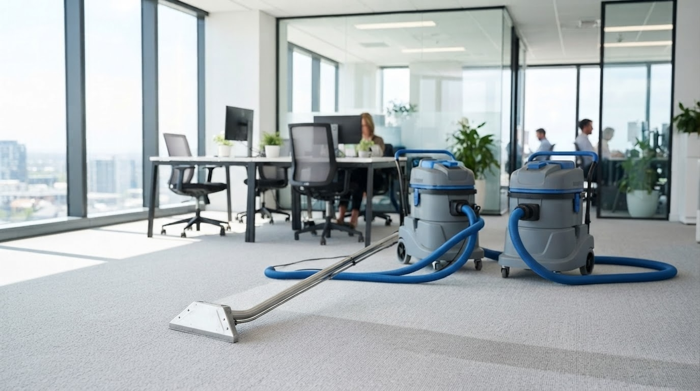 Two commercial vacuum cleaners in a newly completed office as people move into the workspace.