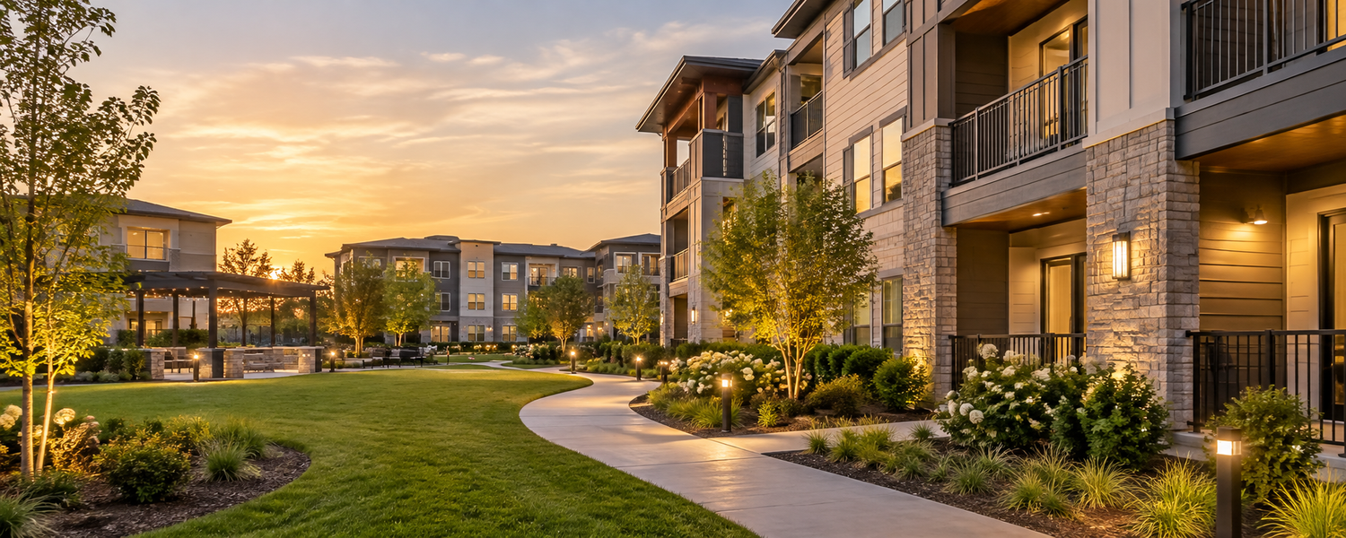 Illustrative residential community in the warm evening light
