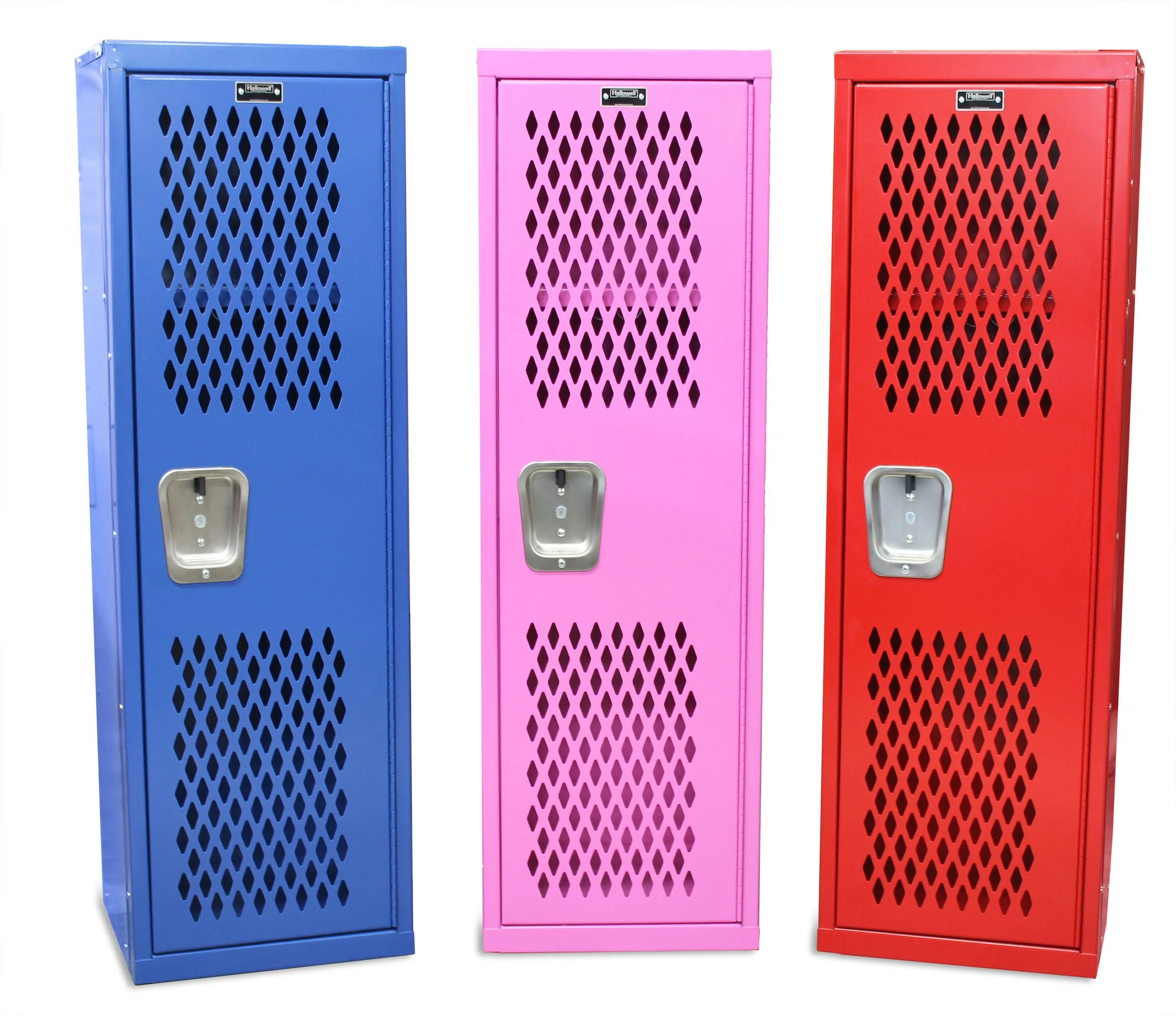 Blue, pink, and red Hallowell metal lockers