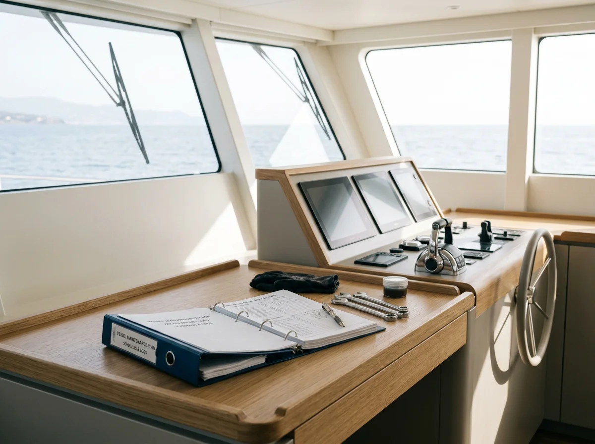 Navigation control panel with three screens, a pair of headphones, and tools on a wooden boat helm station with windows showing the ocean.
