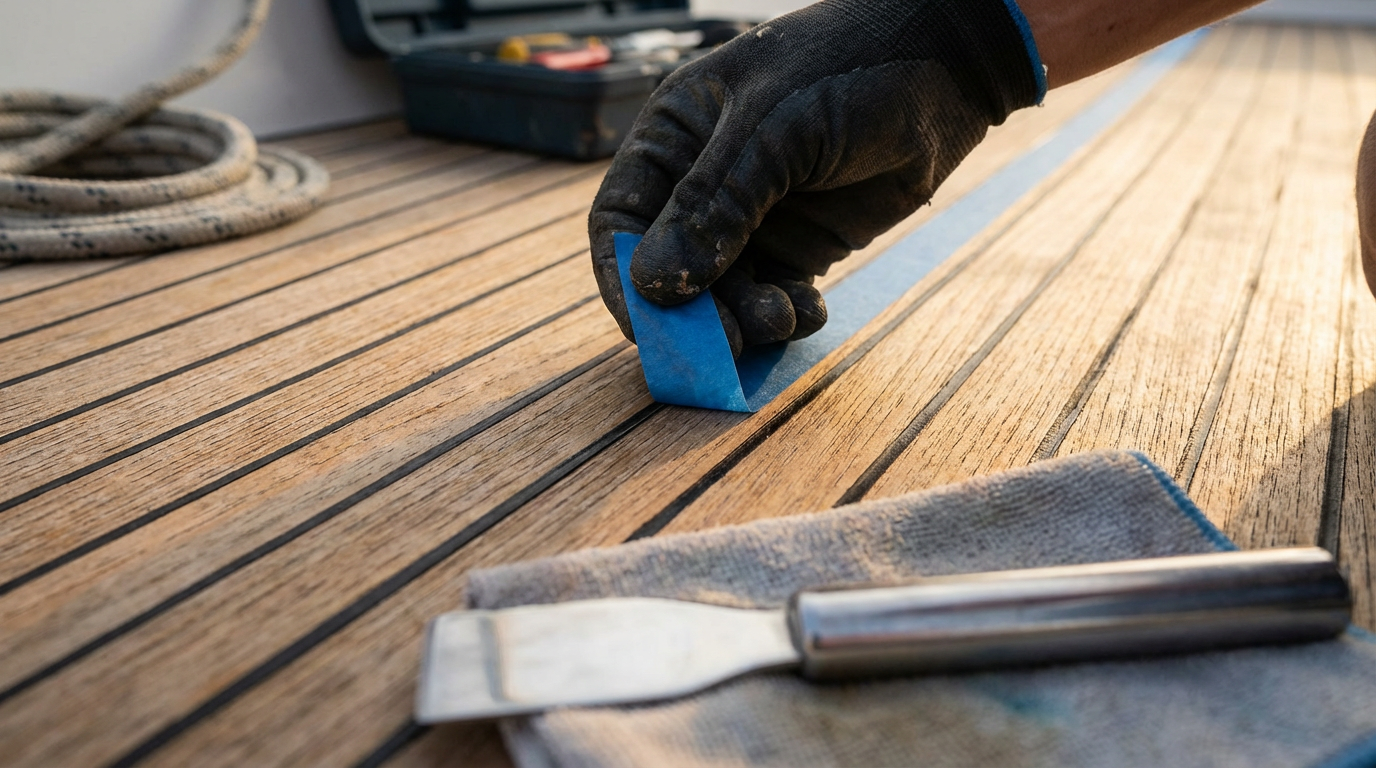 A person wearing a black glove is sanding a wooden deck with a block of blue abrasive material. There is a metal scraper and a towel nearby on the deck.