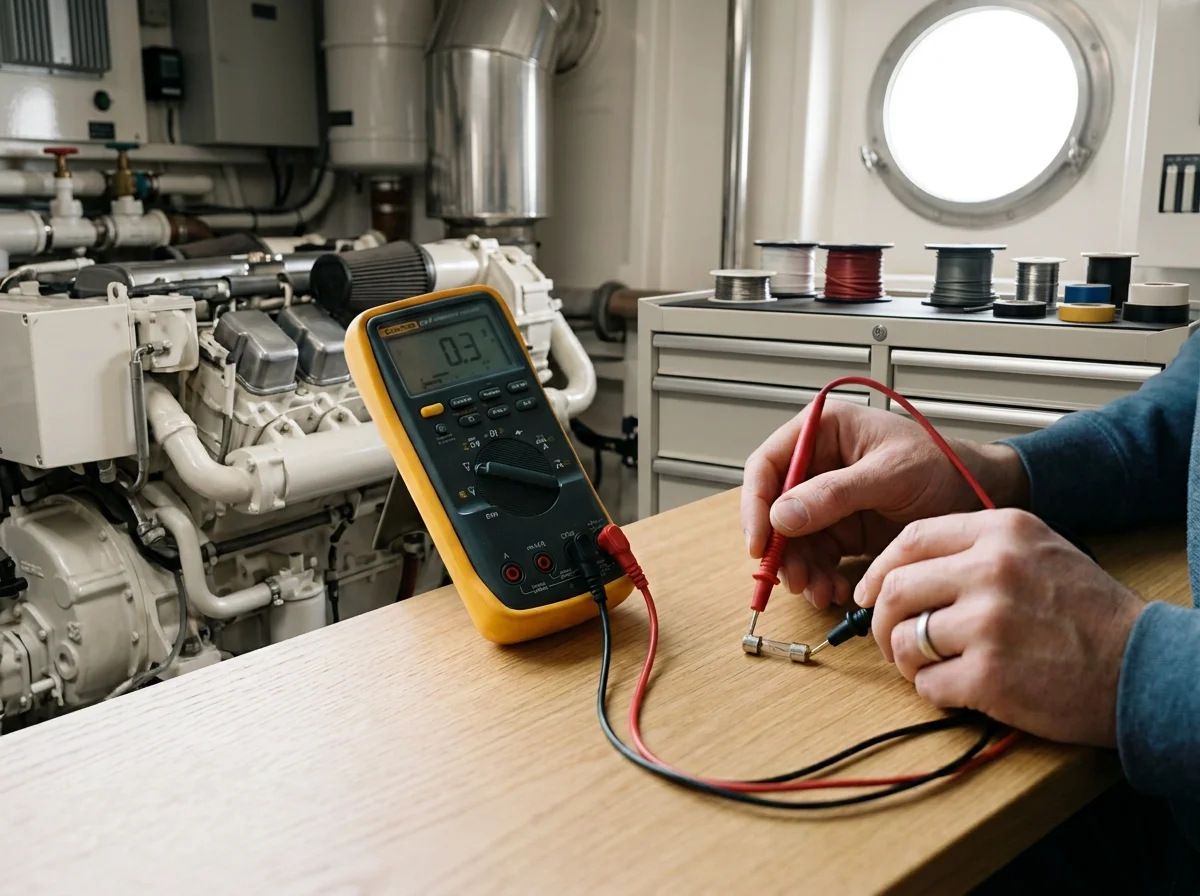 Person testing electrical component with a digital multimeter in an industrial setting.