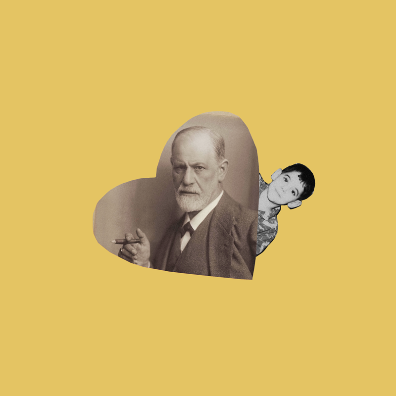 an illustrative photo collage young scott sander behind a photo of Sigmund Freud
