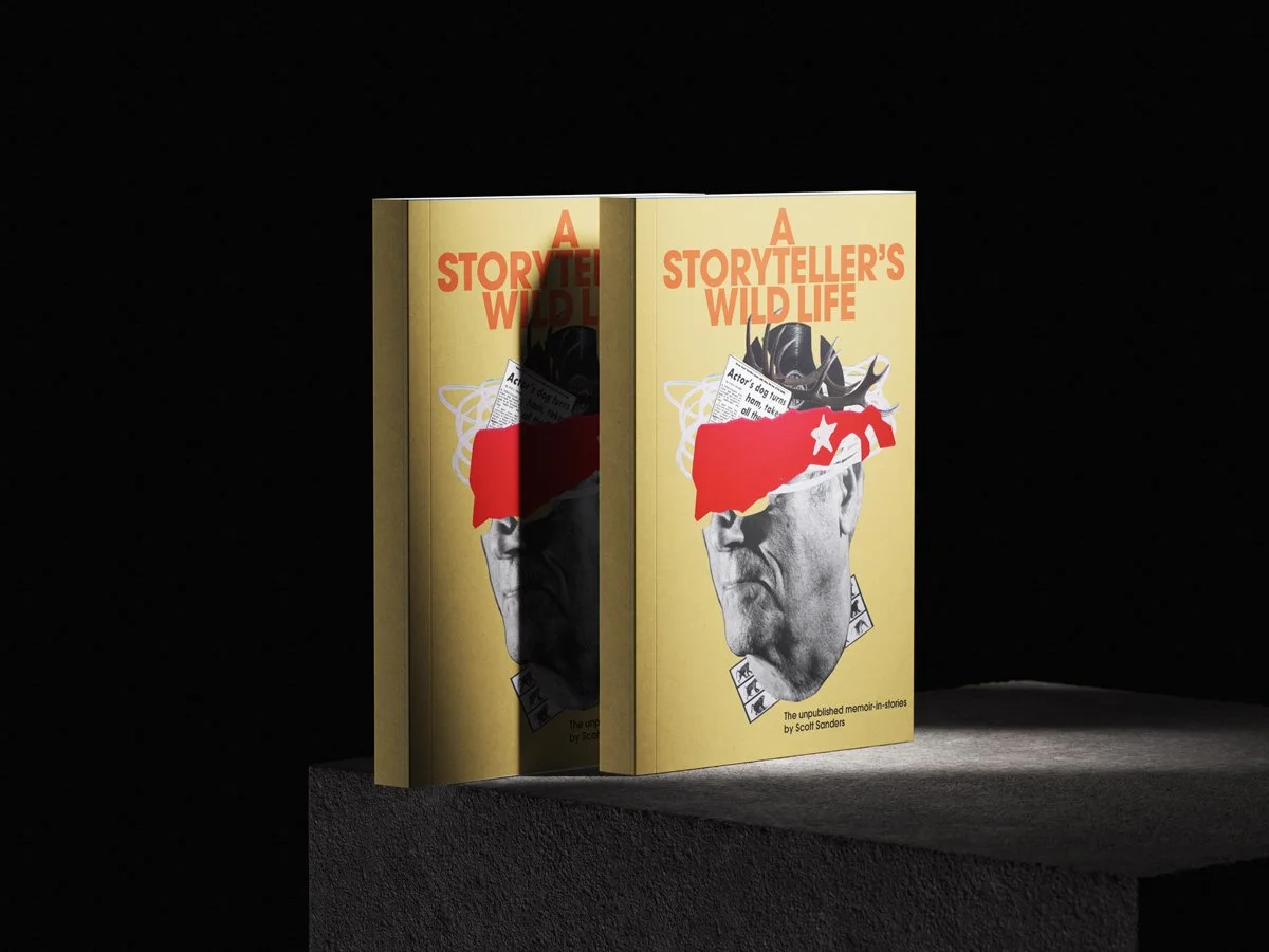 Upcoming book teaser of  "A Storyteller's Wild Life" displaying on the cover an illustrative image collage of Scott Sander's portrait.