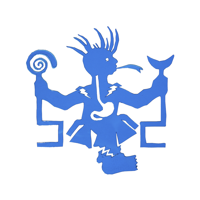 Blue artwork of a mythical creature with a humanoid upper body and a fish tail, featuring a spiky head and a coiled tail.