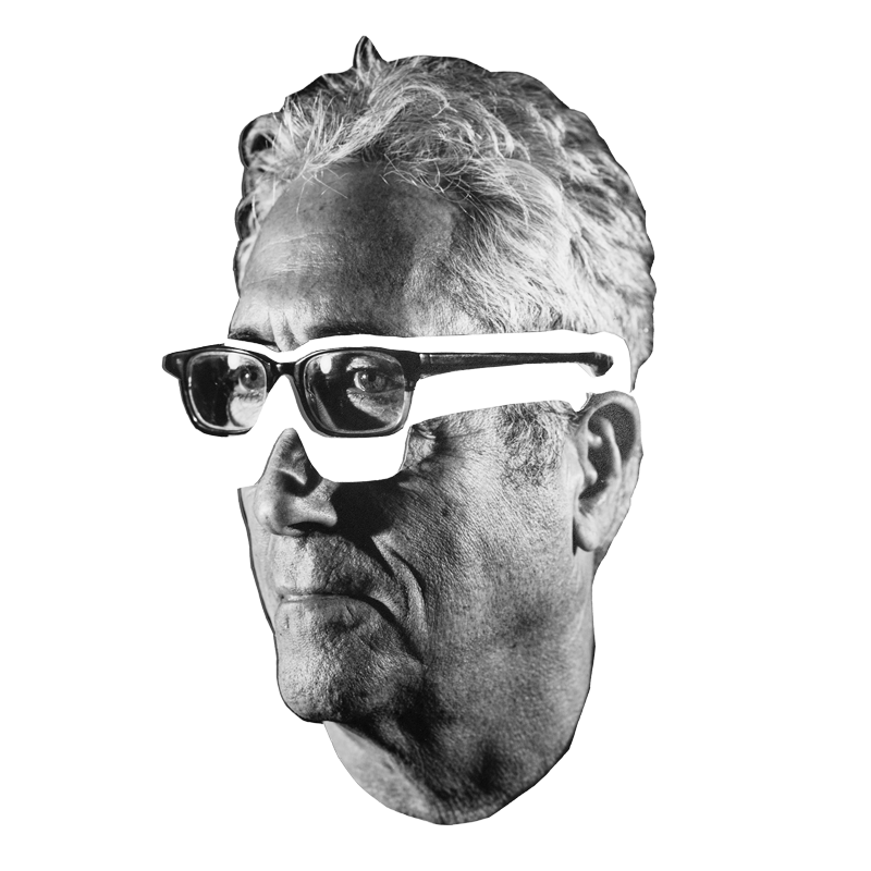 An illustrative image collage of Scott Sander's portrait in black and white, wearing glasses, with a glitch effect causing distortions and layering in the image.