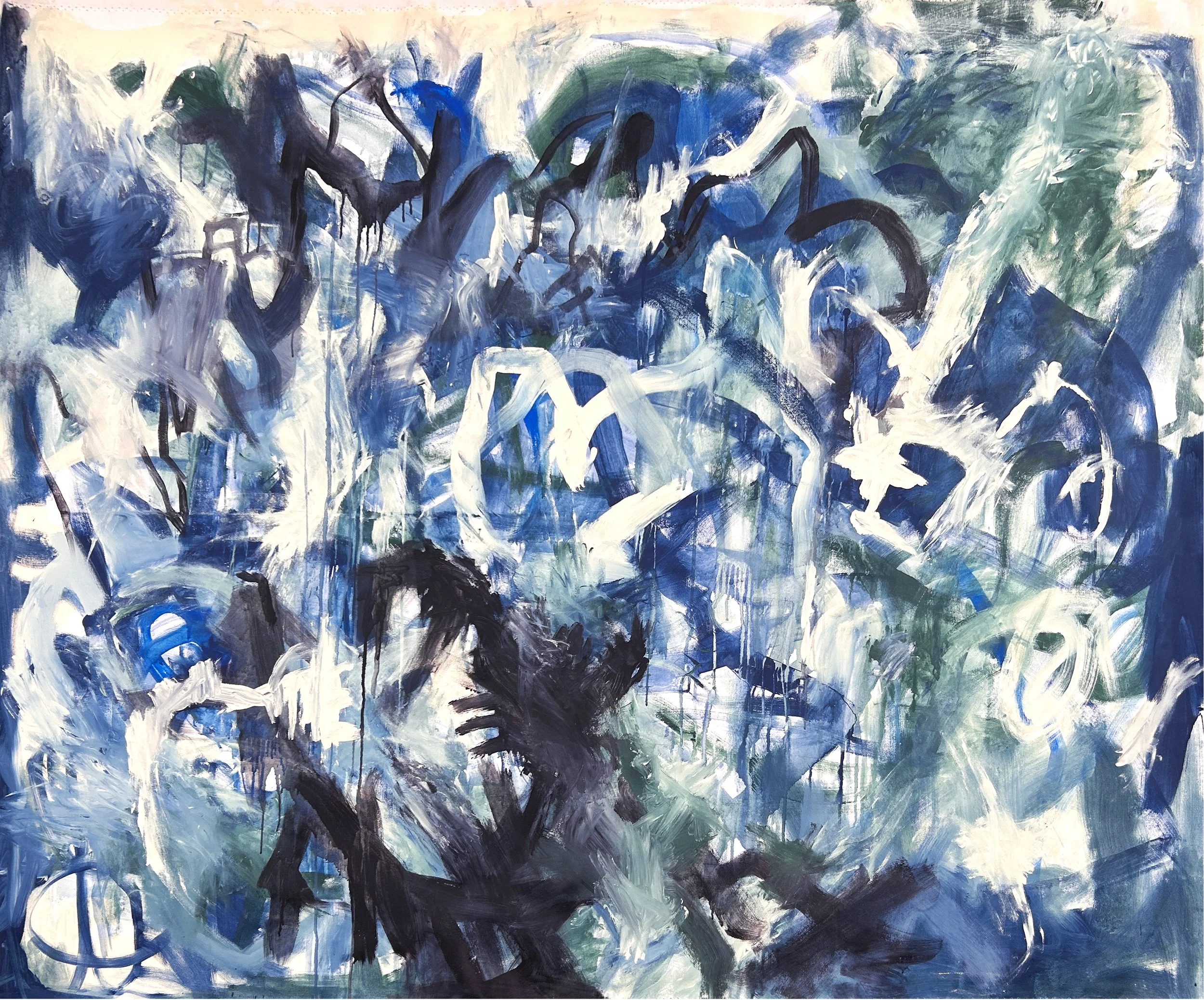 Abstract painting with blue, black, white, and green brushstrokes creating a mesmerizing and lively scene. A painting she created while she was dancing, paint dancing.