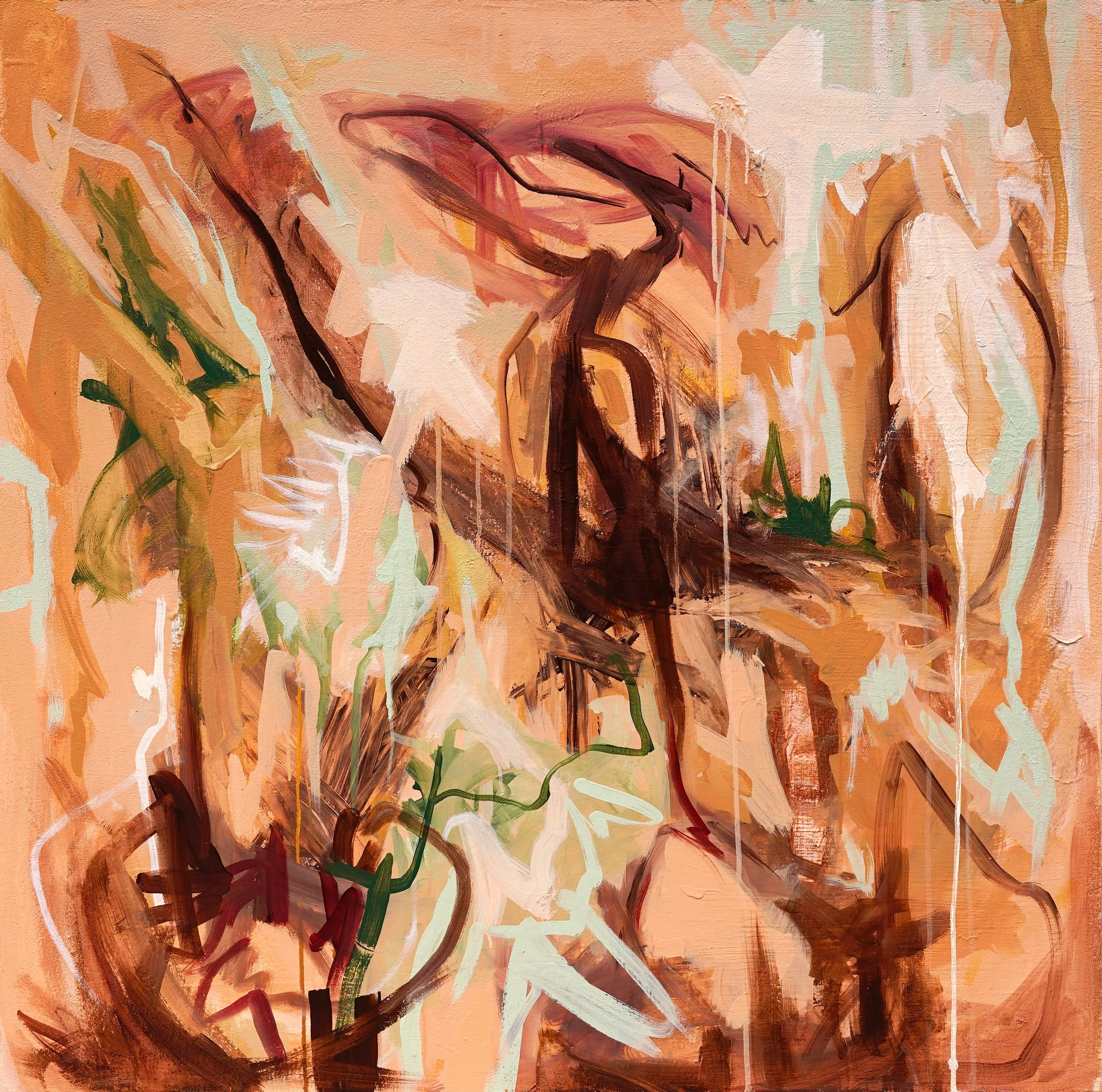 Abstract painting with warm neutral tones of orange, brown, and beige, featuring broad brushstrokes and hints of green and white. The composition suggests earthy clay expressions with flowing lines and textured surface.