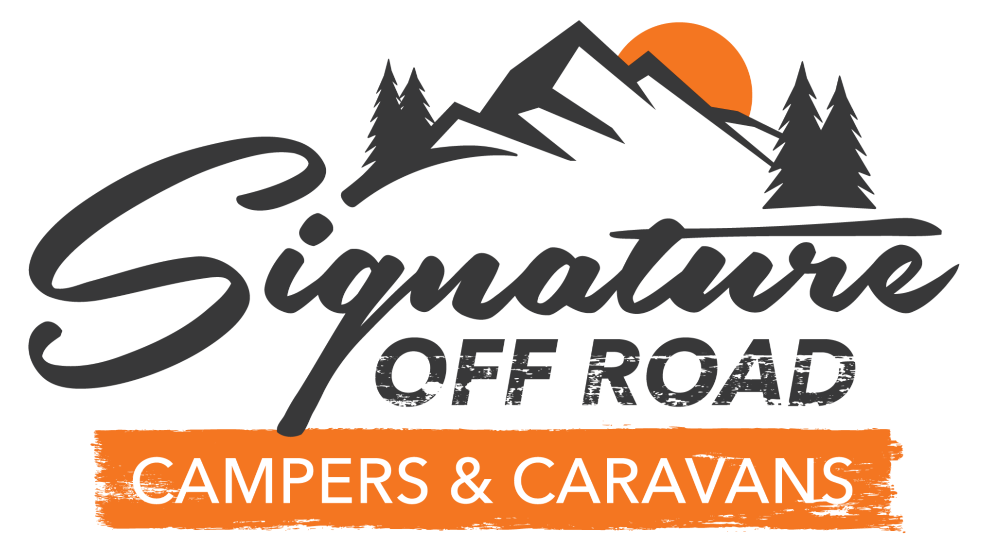 Silhouette of mountains, pine trees, with an orange sun, and the text 'Squierre Off Road' and 'Campers & Caravans' in bold font.