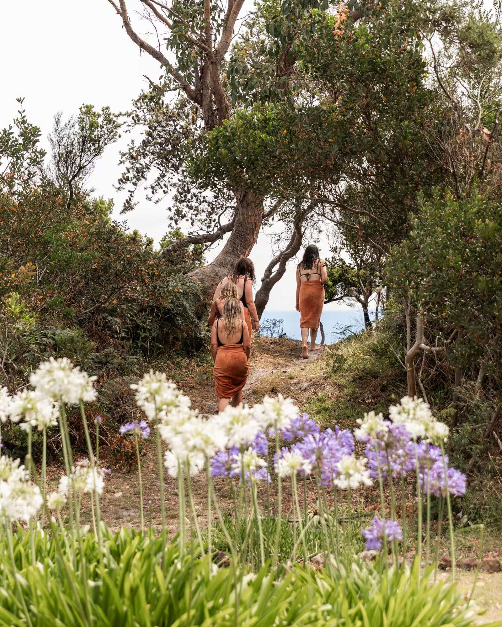 Four women walking through the flowering native garden