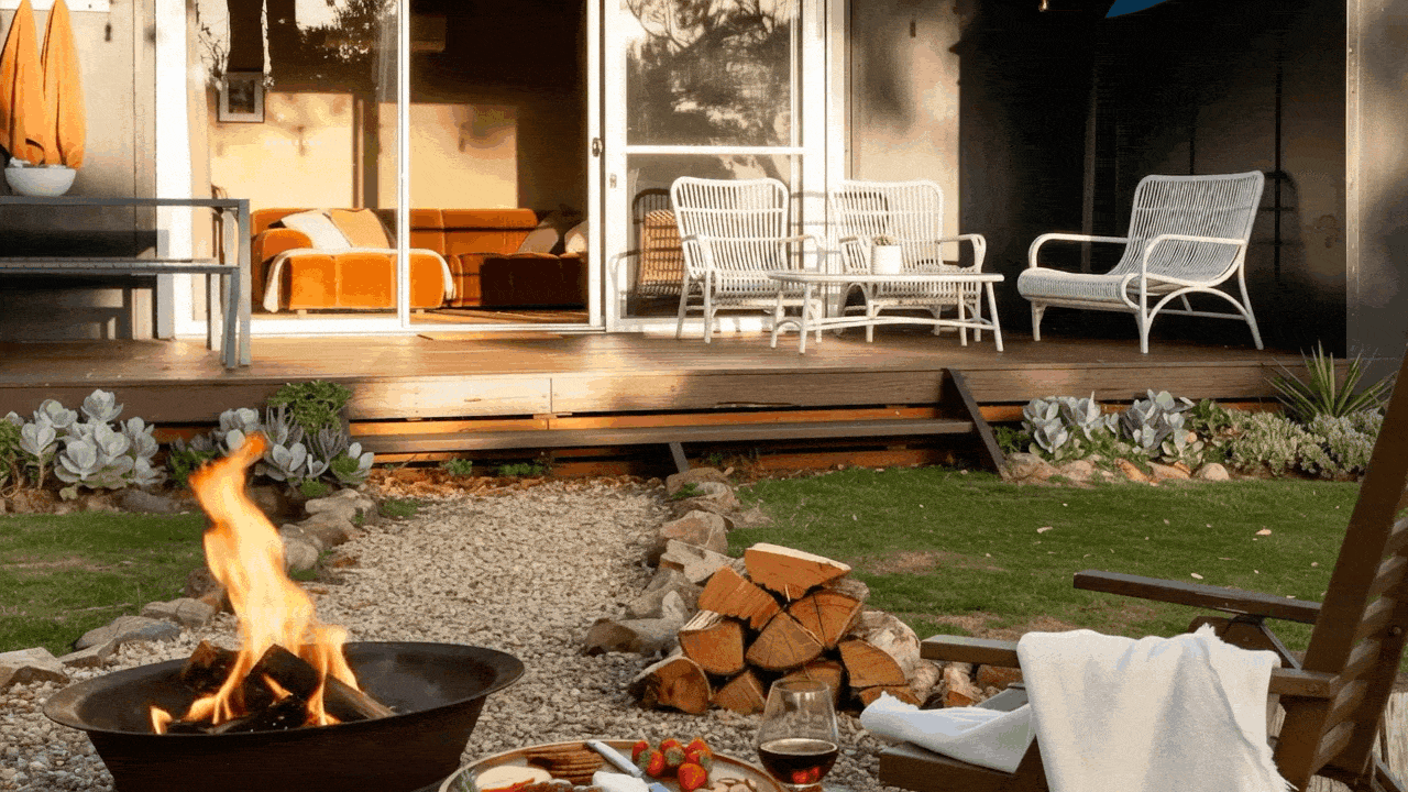 Backyard fire pit with stacked firewood, a glass of red wine and a white bench