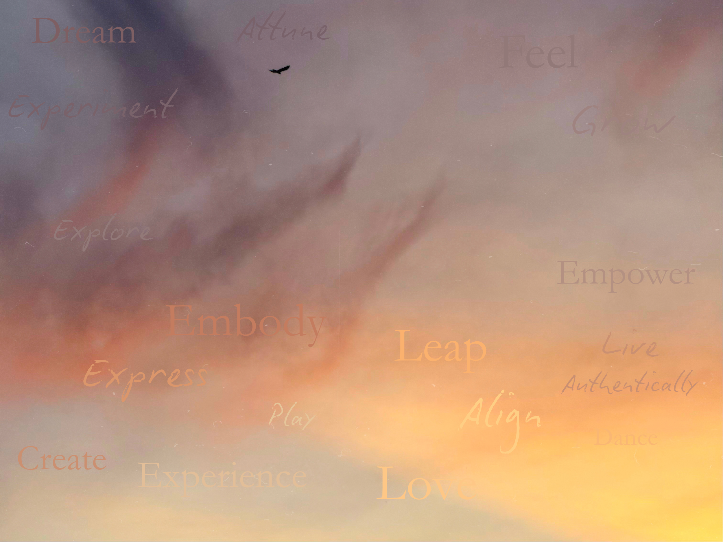 An abstract image with soft pastel colors and a faint silhouette of a face in profile. Words related to personal growth and creativity, such as 'Dream,' 'Feel,' 'Empower,' 'Explore,' and 'Love,' are scattered across the image in different sizes and opacities.