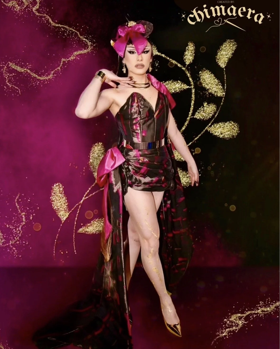 Person dressed in a shiny pink and black outfit with gold accents, standing against a dark background with gold and pink decorative elements and the word 'Chimera' at the top.