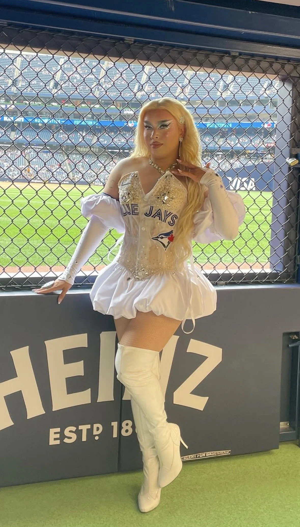 Person dressed in Toronto Blue Jays-themed costume posing at a baseball stadium.