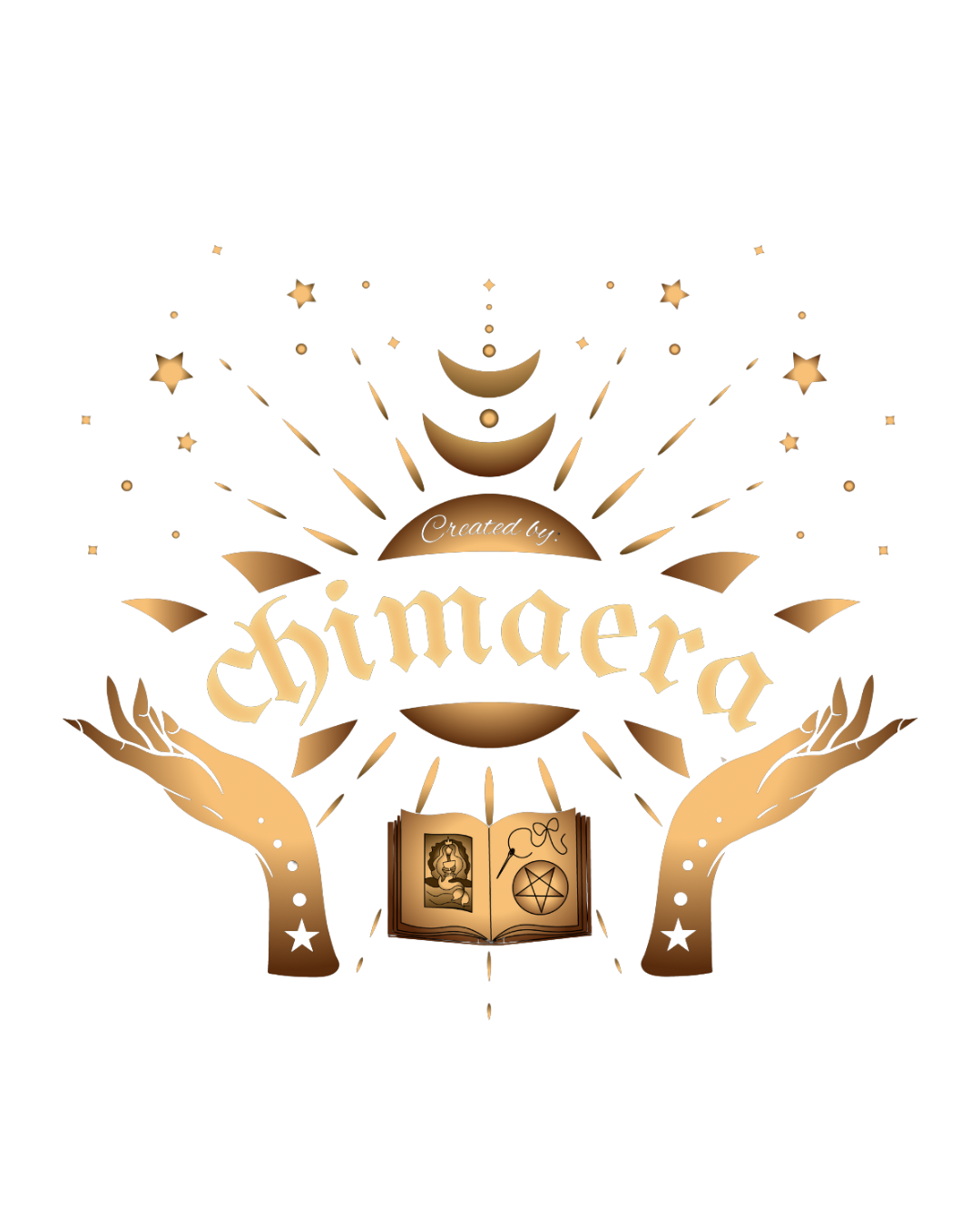 A decorative emblem featuring the name 'Himera' in ornate gold lettering, with hands holding an open book below, and various mystical symbols surrounding the design.