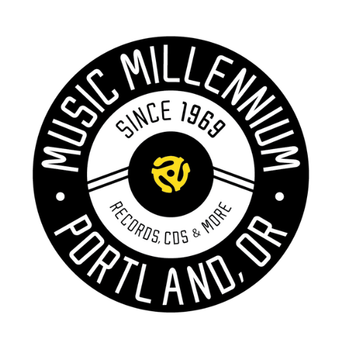 Logo for Music Millennium, a music store in Portland, Oregon, established in 1969, featuring a black and white circular design with a yellow symbol in the center.