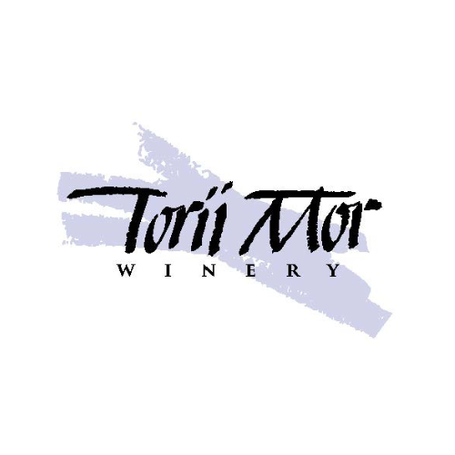 Logo for Tori Moir Winery with stylized text and a purple brushstroke background.
