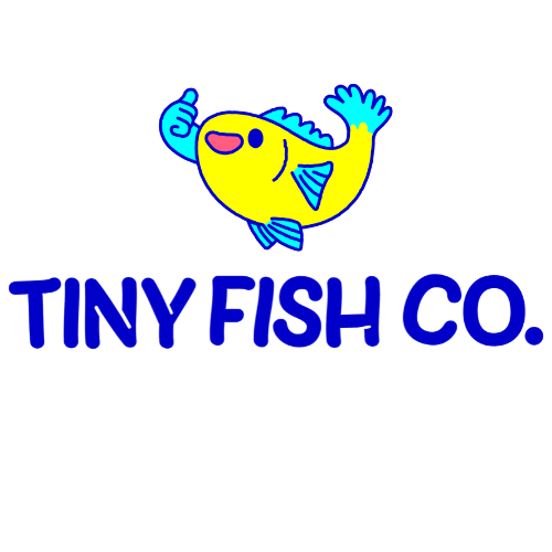 A cartoon yellow fish with blue fins and tail, giving a thumbs up, with the text "TINY FISH CO." below it.