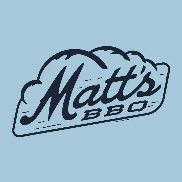 Logo for Matt's BBQ featuring a stylized barbecue sandwich with the name 'Matt's' in script and 'BBQ' below.
