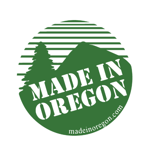 A green circular logo with a mountain and tree graphic, and text that reads 'Made in Oregon' and 'madeinoregon.com'.