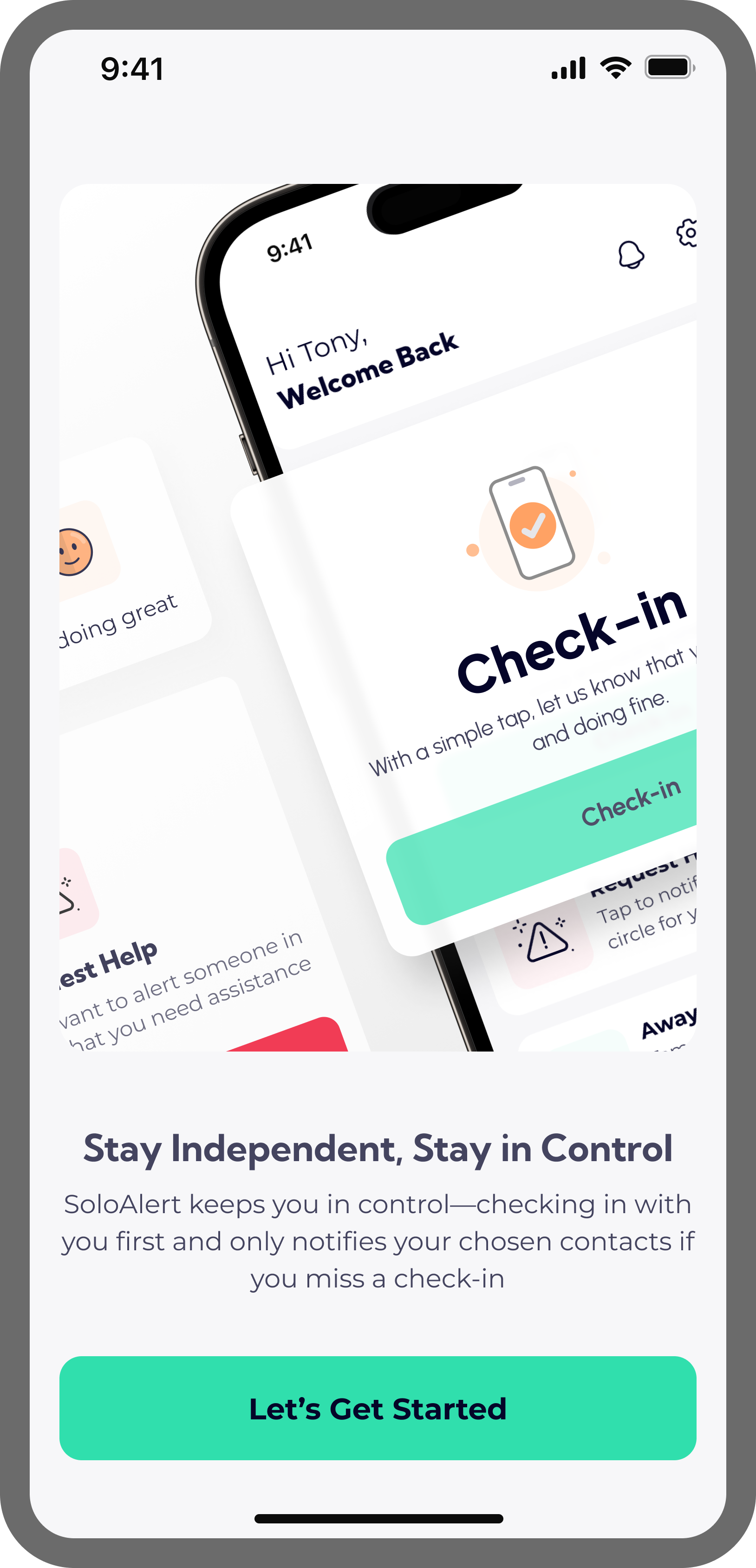 Mobile phone screen showing a welcome message, a check-in feature, and a button labeled "Let's Get Started."
