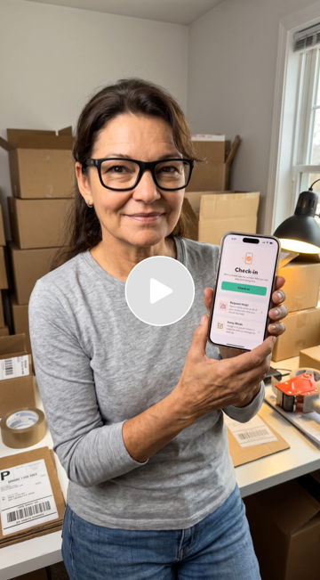 Woman holding a smartphone showing a check-in app, standing in a room with cardboard boxes and packing supplies.
