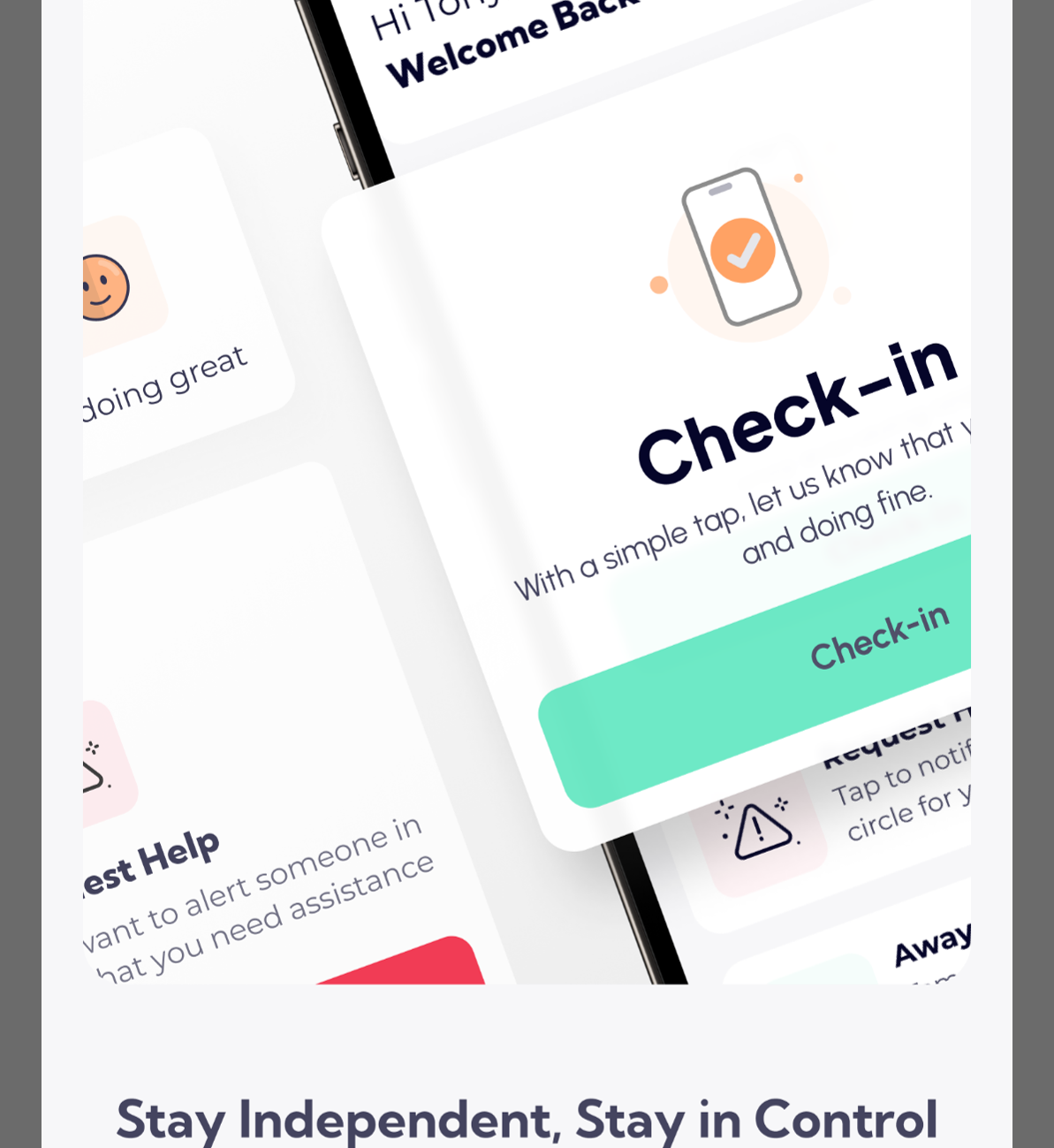 Mobile app interface showing a check-in feature with a green check-in button and welcome message.