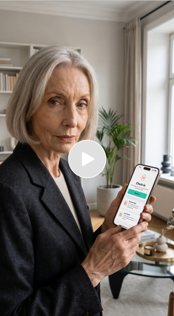 Older woman with gray hair in a black blazer using a smartphone with a health app on the screen in a well-lit room