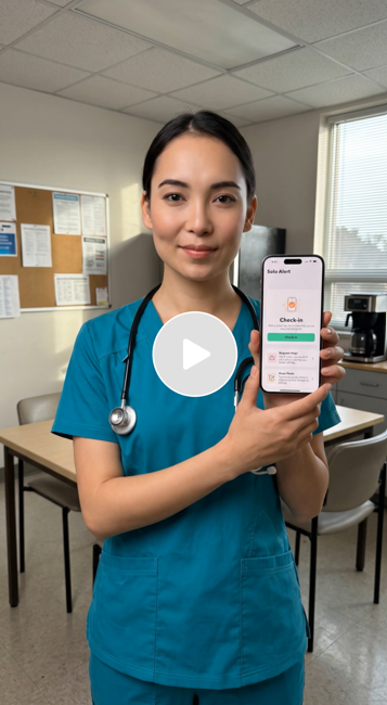 A female healthcare worker in blue scrubs holding a smartphone displaying an app in a clinical office