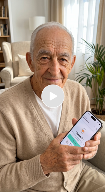 An elderly man sitting on a beige couch in a well-lit living room, holding a smartphone displaying a check-in app, with a smile on his face.