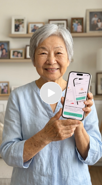 An elderly woman with gray hair smiling and holding a smartphone displaying a check-in app in her hand. Behind her are family photos on a shelf.