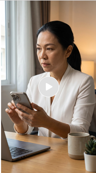 Businesswoman sitting at a desk looking at her smartphone with a focused expression, with a laptop, a mug, and a potted plant nearby in a well-lit room.