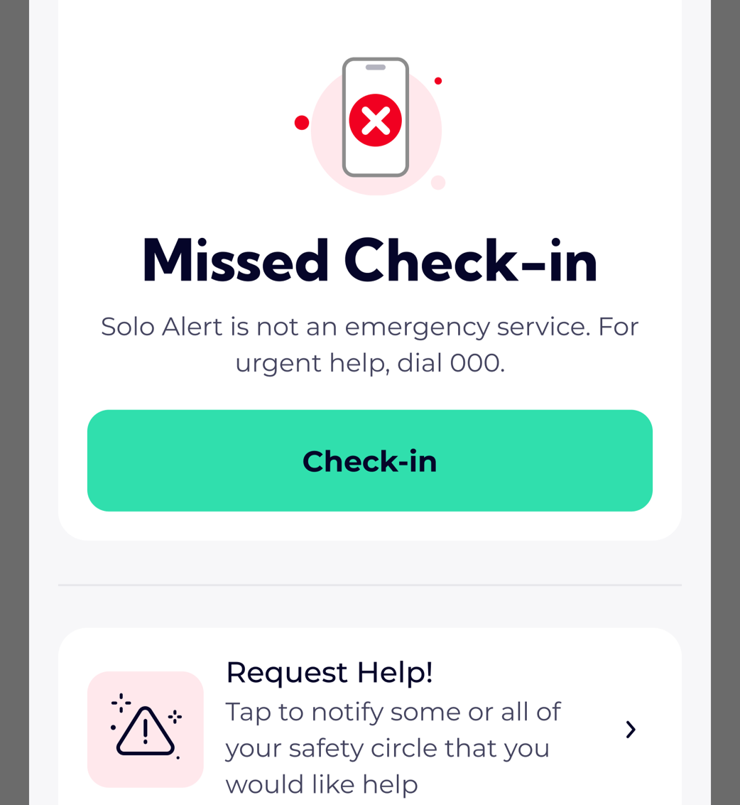 Mobile app alert stating 'Missed Check-in' with a red cross icon, indicating a missed check-in, and a green button labeled 'Check-in'. Additional section with an alert icon and text offering help.
